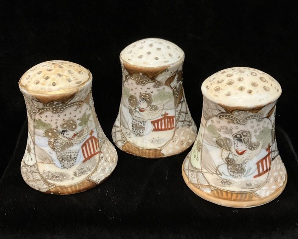 3 Gilded Antique Nippon Japan Oriental Hand Painted Hatpin Holders Gold Moriage